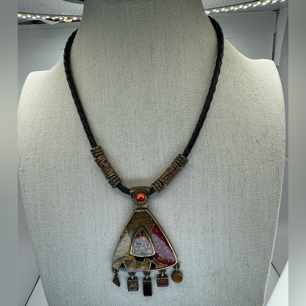 Chico’s Boho Tribal Enamel Antiqued Gold Black Braided Leather Chain Necklace - Picture 3 of 6